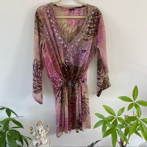 Boutique Swim Coverup Sequins Cinch Tie Waist. Slits up sides.Made in India.XL